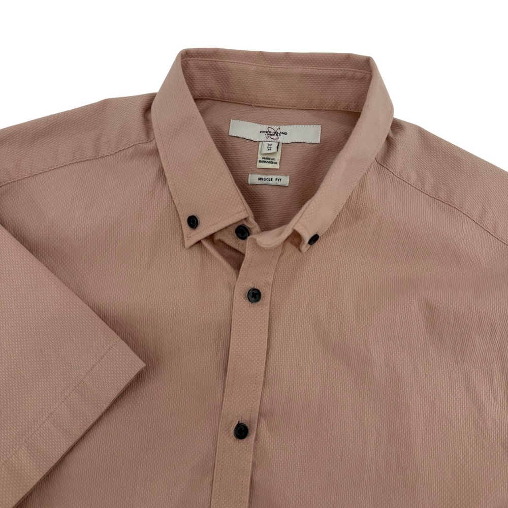 River Island Mens Muscle Fit Short Sleeve Button‎ Down Shirt Pink Dusty Rose M